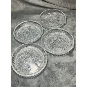 Vintage Pressed Glass Floral Daisy Trinket Dishes Set 4 Clear 4 Inch Coasters
